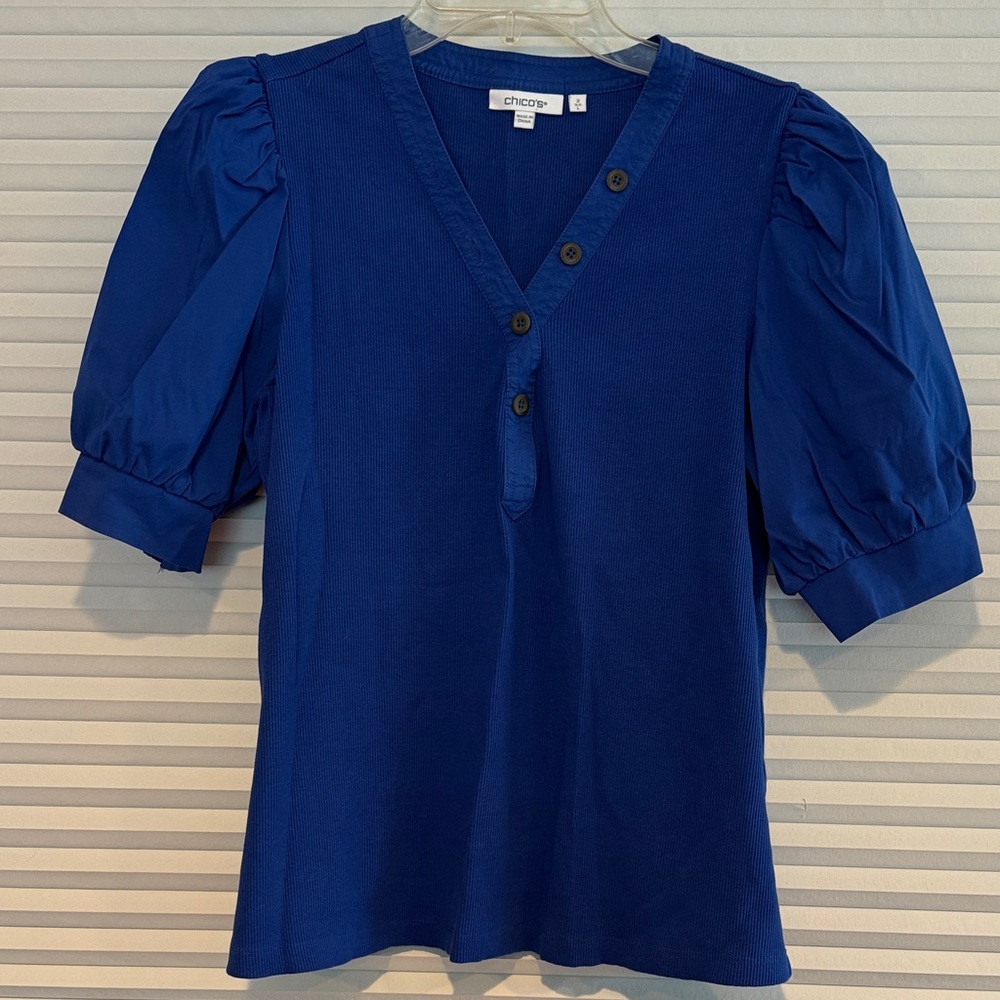 Chico's Royal Blue Puff Sleeve Henley Top Size L